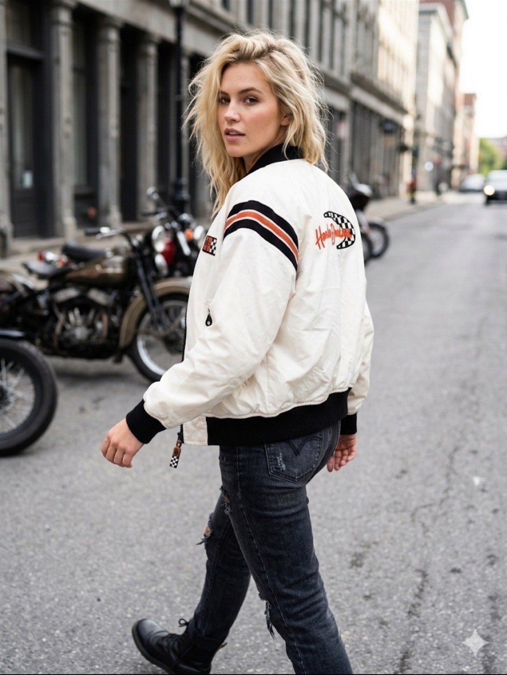 Vintage Harley-Davidson Made in USA Racing Bomber Jacket Cream Checkered Medium